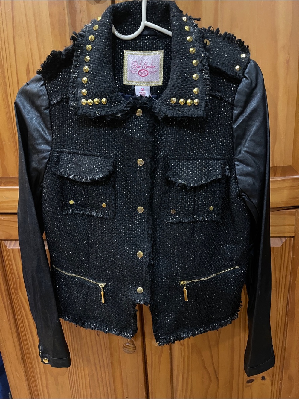 Pink Envelope Black Tweed Jacket with Faux Leather Sleeves & Gold Studs